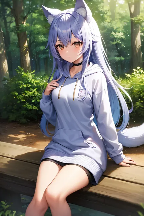 ((Highest quality)), ((masterpiece)), (detailed), One girl, Ice lavender hair,Wolf ears and tail, Brown Eyes, long hair, in the forest, hoodie, Date
