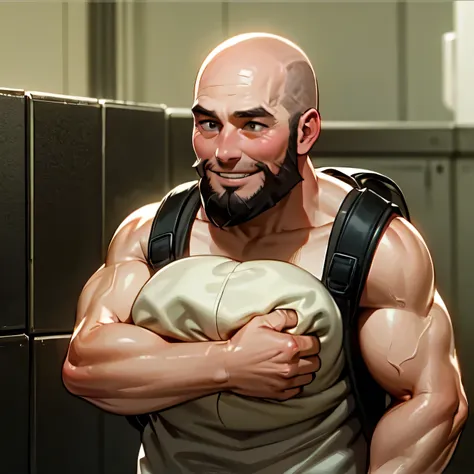 masterpiece), highest quality, 、40 year old man、skinhead uncle、ruined background、carry a backpack、muscular、insanely smile、beard、...