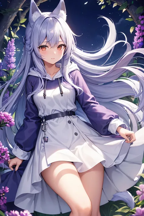 ((Highest quality)), ((masterpiece)), (detailed), One girl, Ice lavender hair,Wolf ears and tail, Brown Eyes, long hair, hoodie, Tucked up, Open again