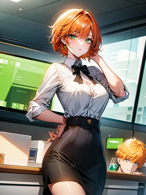 office worker, orange hair, green hair extension, deep green eyes, beautiful woman, short hair