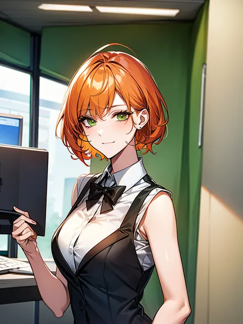 office worker, orange hair, green hair extension, deep green eyes, beautiful woman, short hair