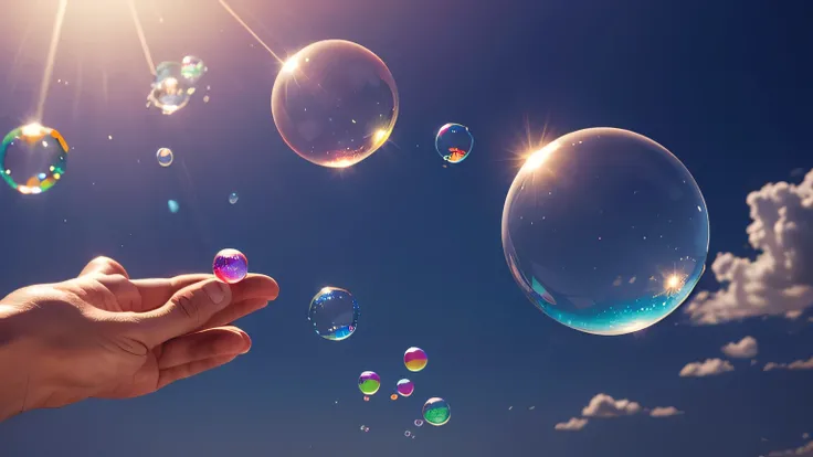 Many colorful soap bubbles are floating