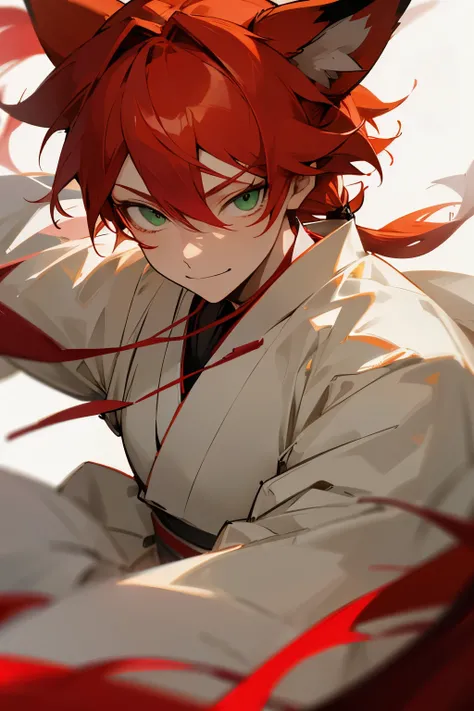 alone, 1 male, pony tail red hair、green Eyes, White kimono, wearing fox mask, Smile Facial, Red Higanbana, Higanbana, close up, dynamic pose