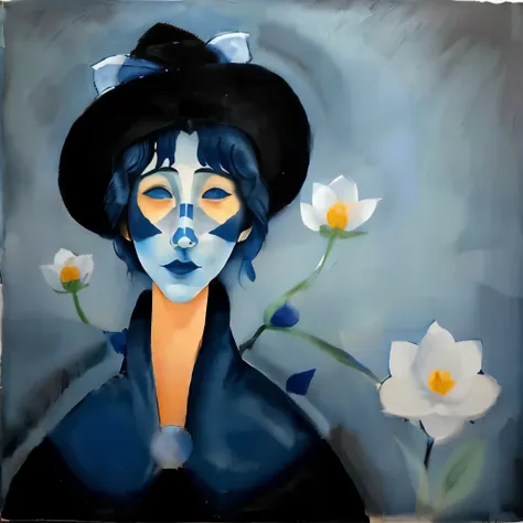 woman with her face painted blue、woman vanishing in the blue