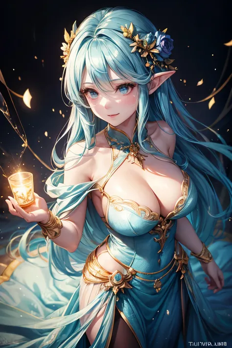 Style-Sylvamagic, Award-winning character concept art，a beautiful dryad, Amazing figure, 微lol著, happy, lol, festive, light blue hair, Golden Horn, Beautiful tulle see-through dress, Vague_background, breast, 微lol, Enchanting, nexistural lighting, Moderate_...