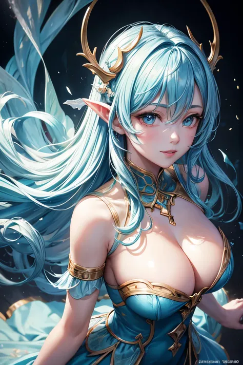 Style-Sylvamagic, Award-winning character concept art，a beautiful dryad, Amazing figure, 微lol著, happy, lol, festive, light blue hair, Golden Horn, Beautiful tulle see-through dress, Vague_background, breast, 微lol, Enchanting, nexistural lighting, Moderate_...