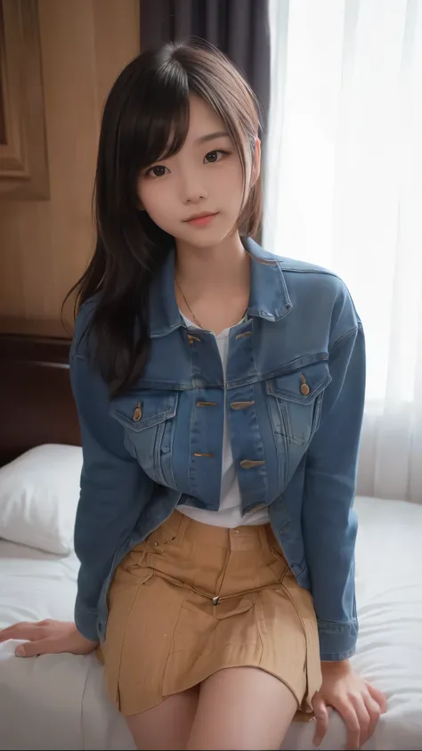 arafed asian woman sitting on a bed with a purse on her lap, short jacket, cropped shirt with jacket, touching her clothes, jean jacket, denim jacket, jacket, sitting on a bed, blue jacket, wearing honey - themed miniskirt, wearing jacket and skirt, Chiho,...