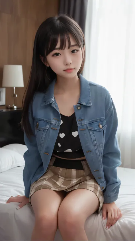 arafed asian woman sitting on a bed with a purse on her lap, short jacket, cropped shirt with jacket, touching her clothes, jean jacket, denim jacket, jacket, sitting on a bed, blue jacket, wearing honey - themed miniskirt, wearing jacket and skirt, Chiho,...