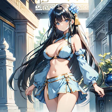 (light blue)(china dress), (short height)(young girl), (huge round breasts)(big boobs), narrow waist, belly button, narrow hips, (bare hips), (thin legs)(bare legs), (narrow thighs), (shiny black hair), (metallic hair ornament), (gold eyes), oriental build...