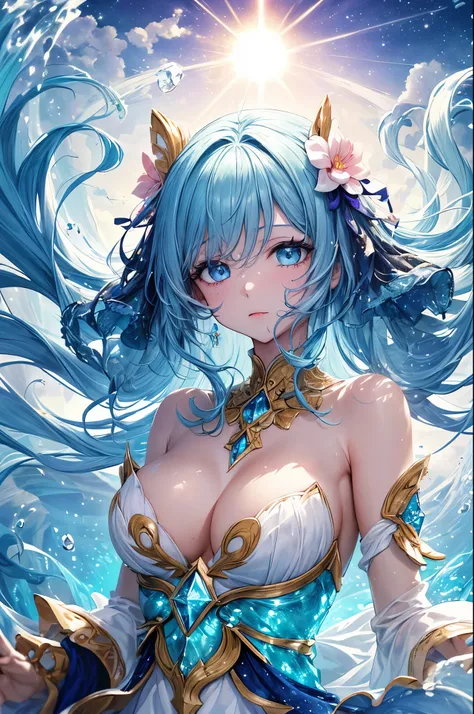 ((Fancy outfits)),((Highest quality)), ((masterpiece)), (detailed), ((Shiny and glittering fantasy ornaments))(Light blue hair color:1.5)、(Blue Eyes:1.3),Calm eyes、Droopy eyes、(Sparkling eyes:1.3),One girl, (Large Breasts)""Create a fantastical anime-style...