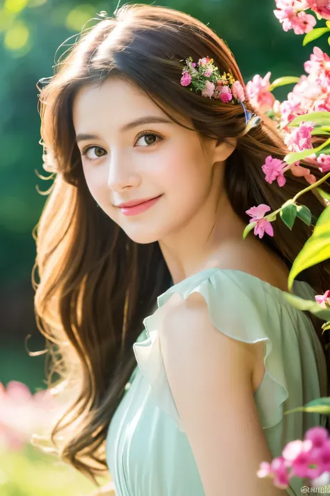 best quality,4k,8k,highres,masterpiece:1.2,vivid colors,portraits,A girl in a garden,beautiful detailed eyes,beautiful detailed lips,extremely detailed eyes and face,long eyelashes,soft and flowing hair,natural and glowing skin,lovely smile,fluttering summ...