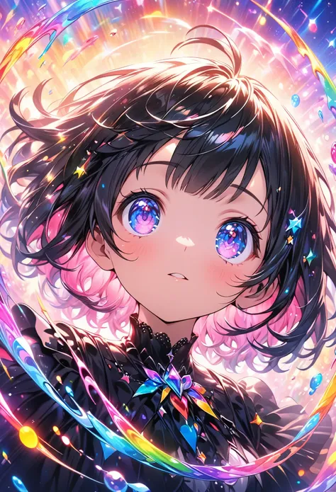 masterpiece, highest quality, highly detailed cg unity 8k wallpaper, a cute anime girl surrounded by sparkling rainbow bubbles, ...