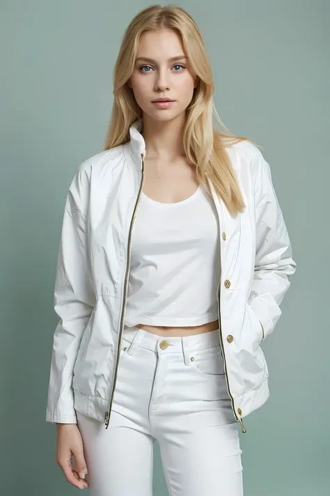 A very beautiful girl with blond hair and tall and with a white jacket and white jeans,and blue eyes,standing ona green floor with colorful background