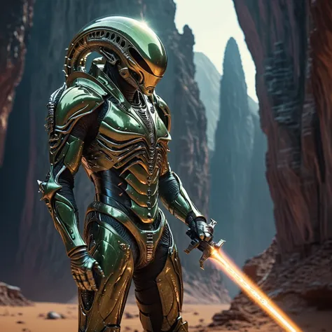 moving cinematic shot of an alien nailed astronaut knight in space armor on a vibrant alien planet, he has an alien cyber sword ...