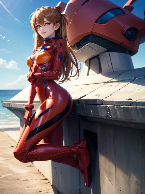 Very beautiful girl, Shikinami Asuka Langley, Hair color is brown, Twin tail hair, 新世紀Evangelionヒロインの一人, Evangelion（Eva）Unit 2 Pilot, Bright red plug suit, (8k, RAW Photos, Highest quality, masterpiece:1.2), (No overexposure or highlight popping out), Supe...