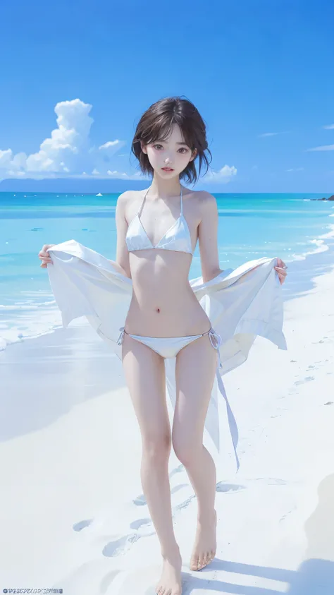 Twins, two lovely girls, Highly detailed face, realistic face, beautiful eyes、Standing with the ocean in the background、(((flat chest))), (flat chest:1.1)、Full body, long legs, thin thighs, 8k, small curvy , fine-details, bikini、Anatomically correct, Anato...