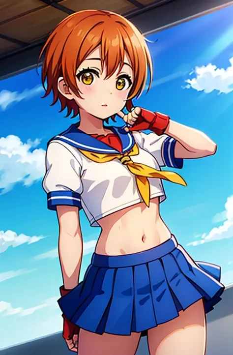 hoshizora rin, orange hair, yellow eyes ,short hair, bangs, , crop top, red neckerchief, ((blue skirt)), fingerless gloves, thig...