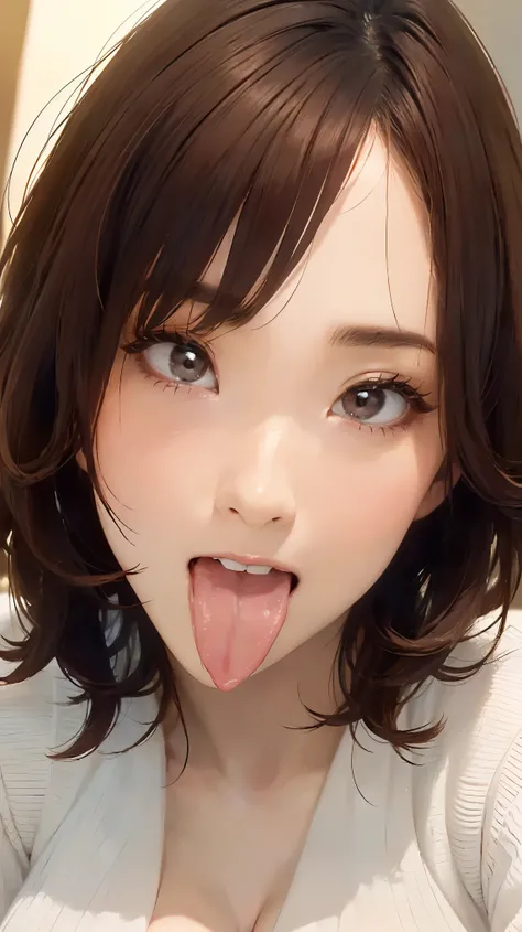 Realistic, masterpiece, Highest quality, Highest quality, (One Japanese woman:1.5), (Close up on face, Sticking out a long tongue:1.5), beautiful girl, Smiling happily, Dark Eyes, With lots of eyelashes, (Brown Hair, Bob Hair, middle part:1.3), (Enhance th...