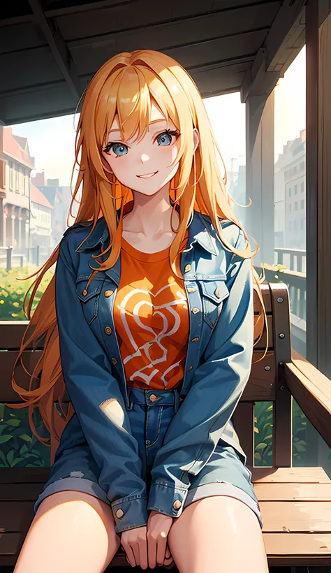 1 girl, long hair, blonde, smiling, denim jacket, orange t-shirt, short, sit, bench, outdoor, sketchboard, devianart, ((high quality; masterpiece; colorful; HDR: ultra detailed)), soft lighting, day