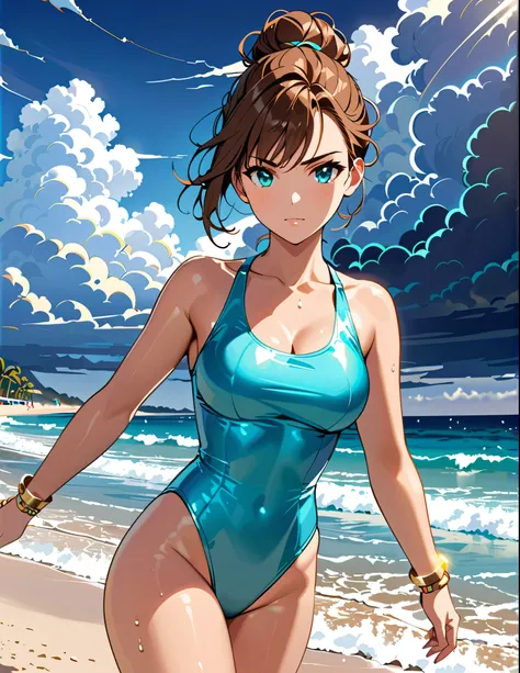 1woman, cute amd attractive woman, adult, Solo, Solo focus, Masterpiece, Best Quality, High Resolution, Detail, Looking at viewer, brown  Hair, Hair Bun, Bangs, aqua eyes, beautiful detailed eyes, beautiful detailed face, aqua satin blue sleeveless leotard...