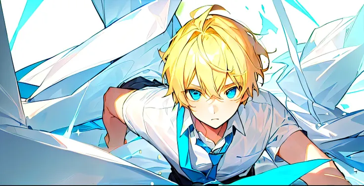 A boy, blonde hair, blue eye using white tshirt, and bluegrey tie,