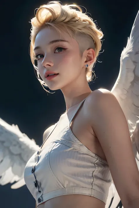 20-year-old woman, blonde, (High Top Fade:1.3), Dark Theme, Calm tone, Calm colors, High Contrast, (Natural skin texture, Hyperrealism, Soft Light, sharp)、An angel flying in the moonlit sky、Very big, beautiful, white wings、A little smile、Angle looking up f...