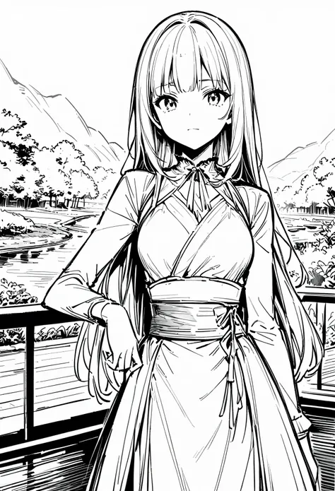 Masterpiece, Top Class, Unique, Line Art Background, White Background, Monochrome, Line Art, (Sketch)). (Best Quality: 1.2, Highly Detailed, Anime, Attention to Detail, Top Quality, Best Aesthetics), Slim figure: 1.4, Bust shot: 1.4, (Small Face), Girl in ...