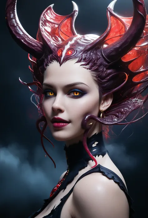 (best quality,4k,8k,highres,masterpiece:1.2),ultra-detailed,realistic,photorealistic:1.37,a close up of a female demonic creature with a large head and horns, demon queen, demonic creature, demonic parasite, demonic monster, unholy abomination, fat ripped ...