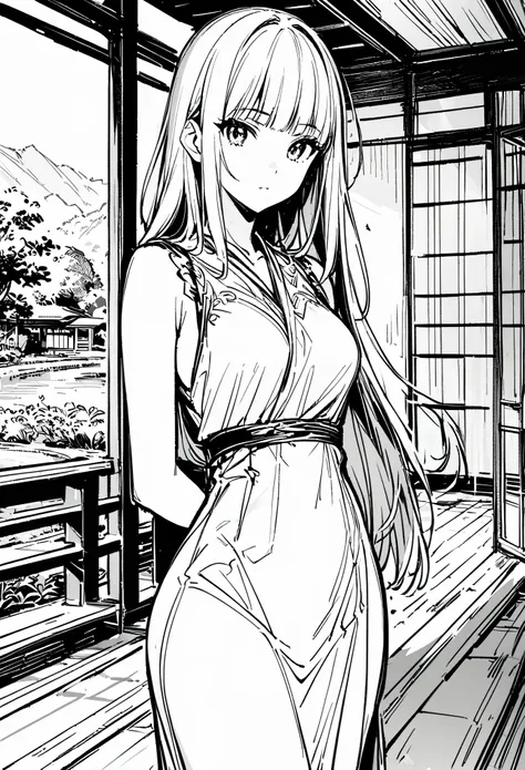 Masterpiece, Top Class, Unique, Line Art Background, White Background, Monochrome, Line Art, (Sketch)). (Best Quality: 1.2, Highly Detailed, Anime, Attention to Detail, Top Quality, Best Aesthetics), Slim figure: 1.4, Bust shot: 1.4, (Small Face), Girl in ...