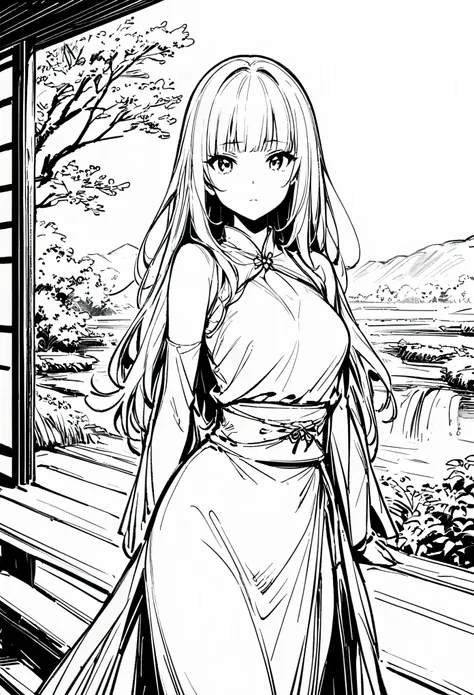 Masterpiece, Top Class, Unique, Line Art Background, White Background, Monochrome, Line Art, (Sketch)). (Best Quality: 1.2, Highly Detailed, Anime, Attention to Detail, Top Quality, Best Aesthetics), Slim figure: 1.4, Bust shot: 1.4, (Small Face), Girl in ...