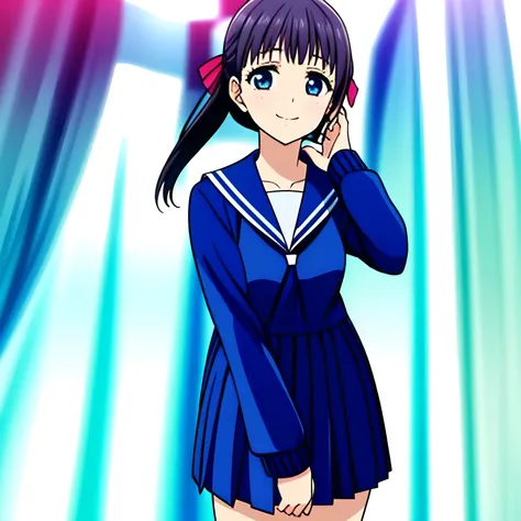 (Highest quality, masterpiece:1.2), Highest quality, High resolution, 1080P, 8k, Game heroine CG, height: 158cm, ((The heroine of the beautiful game, wearing a navy blue sailor uniform, is dancing and reaching out: 1.2)), A face everyone loves, Shiny lips,...