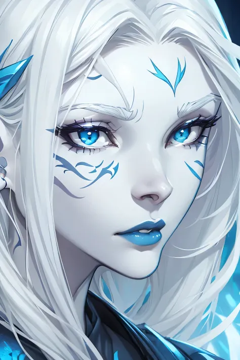 Jarael, pale white skin, White hair, blue lips, face tattoos, face close up