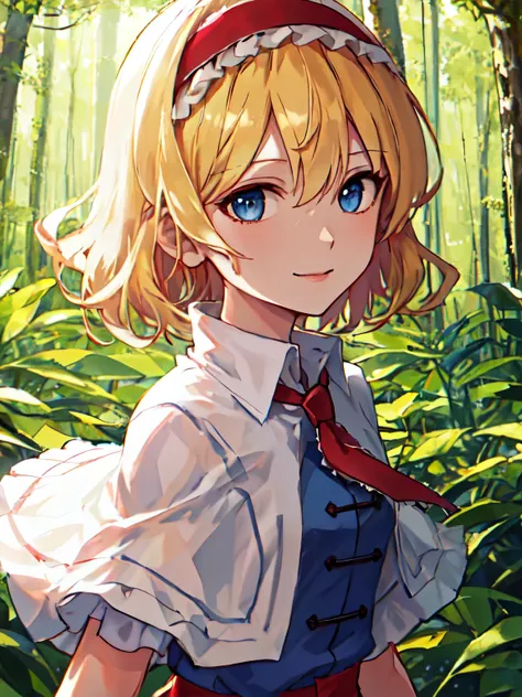 (high-quality, breathtaking),(expressive eyes, perfect face), (1girl), front facing, (pov), best quality, masterpiece, highres, solo, {alice_margatroid_touhou:1.15}, blonde_hair, short_hair, (wavy_hair), fluffy_hair, hairband, blue_eyes, white capelet, nec...