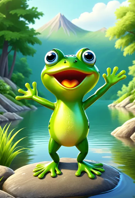 cute froggy, cartoon, arms, hands ,cute eyes, looking at viewer, arms up, flawless, lake