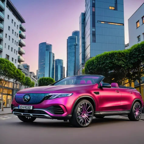 mercedes eqc suv parked in a city street, publicity photo, mercedes benz eqc, convertible, roof lowered, geometric honeycomb grille, metallic matte paint, vertical ombre colour scheme, ombre fuschia pink (bottom) to charcoal (top), pink-tinged headlights, ...