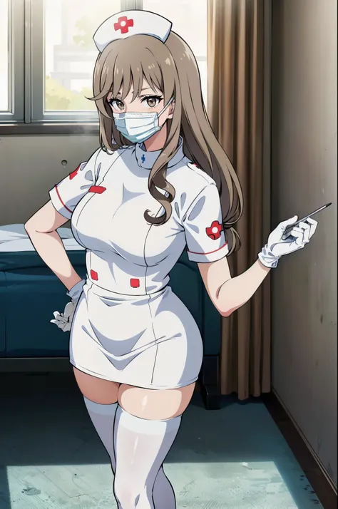 shimada_chiyo, long hair, light brown hair, hair over shoulder, solo, nurse, ((white nurse cap, white nurses outfit)), ((white legwear, zettai ryouiki)), white gloves, ((white surgical mask, covered nose)), standing, hospital room, sharp outline, short sle...