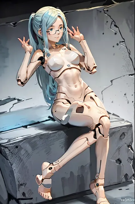 android, beautiful robot. android with blue eyes. her short brown short pigtails are very short and tied with two big red clothe...