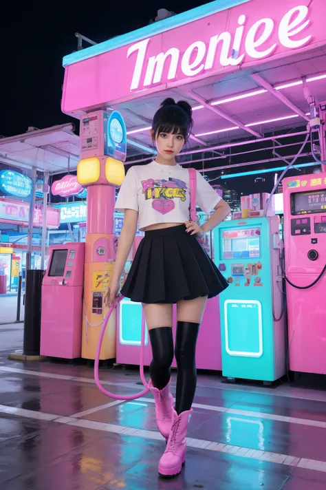 futuristic young woman, dazzling costumes、In a surreal atmosphere々Are standing, Neon lights at a gas station. Gasoline pump, adorned with star, Floating in the air, The hose swings playfully. Vibrant pink and purple hues spread, Creates a surreal and other...