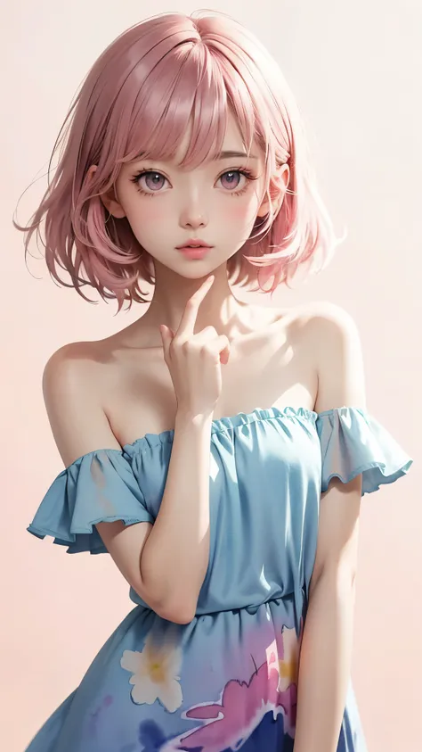 (((Blurred background、Watercolor style background)))、A girl、16talent、anatomy、Light pink eyes、#11: Loose Low Ponytail、Light pink hair、Small Breasts、Black open collar dress、Transparent lace dress、translucent、Random pose、best quality、high resolution、high reso...