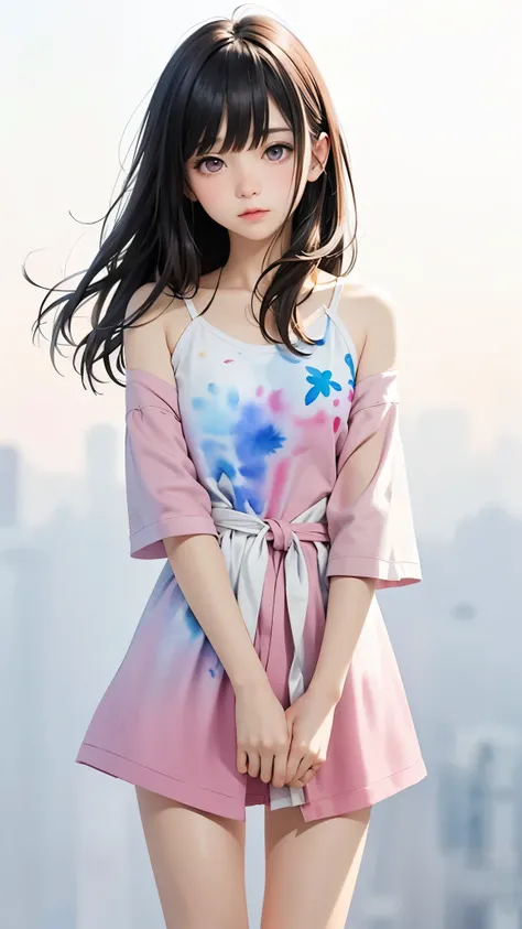 (((Blurred background、Watercolor style background)))、A girl、16talent、anatomy、Light pink eyes、#11: Loose Low Ponytail、Light pink hair、Small Breasts、Black open collar dress、Transparent lace dress、translucent、Random pose、best quality、high resolution、high reso...