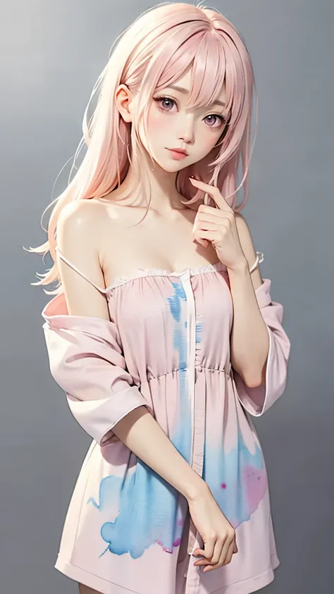 (((Blurred background、Watercolor style background)))、A girl、16talent、anatomy、Light pink eyes、#11: Loose Low Ponytail、Light pink hair、Small Breasts、Black open collar dress、Transparent lace dress、translucent、Random pose、best quality、high resolution、high reso...