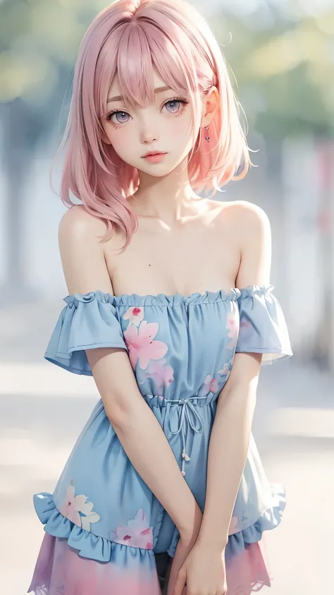 (((Blurred background、Watercolor style background)))、A girl、16talent、anatomy、Light pink eyes、#11: Loose Low Ponytail、Light pink hair、Small Breasts、Black open collar dress、Transparent lace dress、translucent、Random pose、best quality、high resolution、high reso...