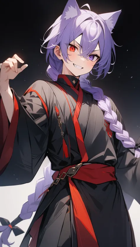 {{masterpiece}}, The best quality of life, 超High resolution, High resolution, Highest quality, 4K, 8k,Attention to detail、BREAK、,One boy、Beautiful Boy（Purple Hair、parted bang、long braid）、((Yellow and red eyes)) ,((Heterochromia iridis))、Black Chinese robe、...