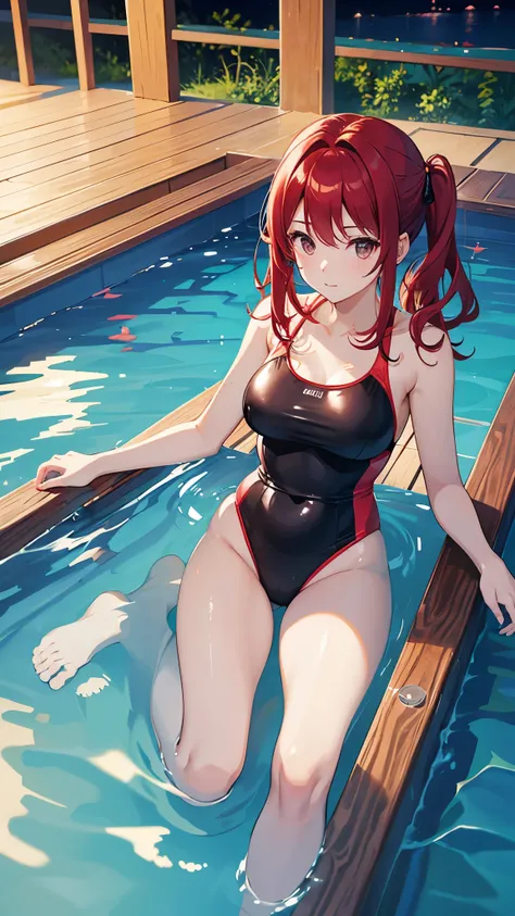 On a summer night, a beautiful Japanese woman in her 20s with red bobbed hair is wearing a cute swimsuit and gazing at the stars while floating in the pool.