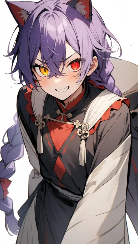 {{masterpiece}}, The best quality of life, 超High resolution, High resolution, Highest quality, 4K, 8k,Attention to detail、BREAK、,One boy、Beautiful Boy（Purple Hair、parted bang、long braid）、((Yellow and red eyes)) ,((Heterochromia iridis))、Black Chinese robe、...