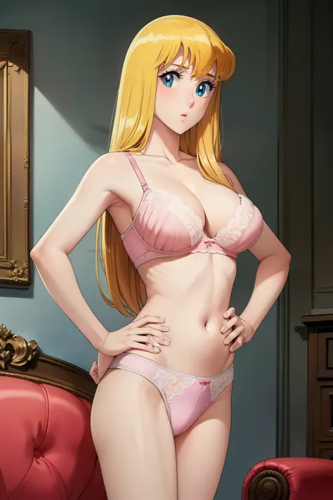 (masterpiece), (Highest quality), (High resolution), (Anime Color), (Beautiful Eyes:1.5), (Perfectly detailed anatomy, Perfect Arms, Perfect Fingers), (Reiko), One girl, Blonde, Long Hair, (medium breastst), (bare shoulders), (pink lace bra), (pink lace Pa...