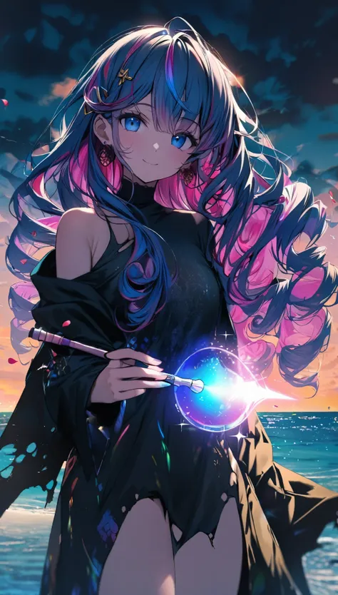 1 girl, (iridescent hair, colorful hair, half blue and half pink hair: 1.2), , blue_sky, holding a magic wand, summer (season), petals_on_liquid, black cloak with hood, red and black torn dress, skirt: 1.2, (gold long curly hair: 1.5), sky, outdoor, clouds...