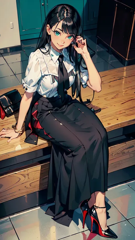 ((masterpiece, high resolution, better quality, better details)), ((Smiling)), ((one girl)) a girl sitting in the office, full body, maxi skirt, long skirt, ((long skirt without openings)),((louboutin high heels)), green eyes , ((black hair, long hair)), s...