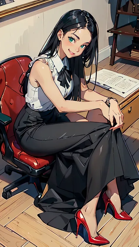 ((masterpiece, high resolution, better quality, better details)), ((Smiling)), ((one girl)) a girl sitting in the office, full body, maxi skirt, long skirt, ((long skirt without openings)),((louboutin high heels)), green eyes , ((black hair, long hair)), s...