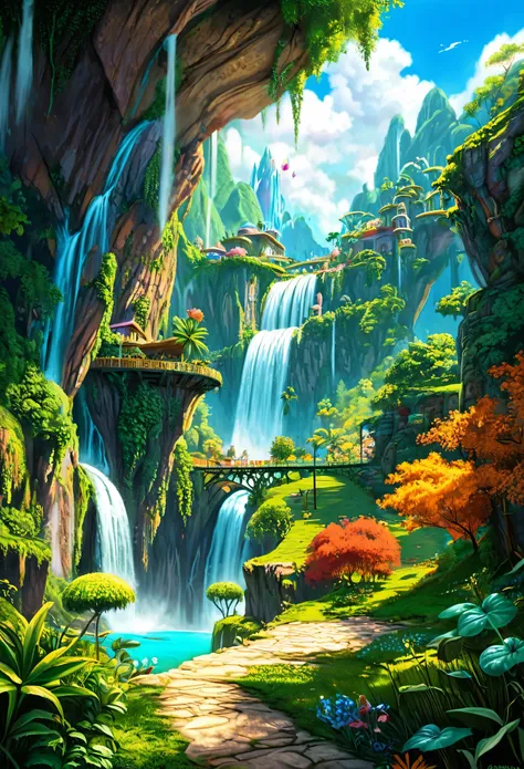 (by Ananta Mandal (and Andrew Biraj:0.5)), (in the style of nihonga), Style: Abstract, Medium: Digital illustration, Subject: An otherworldly landscape with floating islands, cascading waterfalls, and vibrant flora and fauna. Camera Angle: Overhead shot ca...